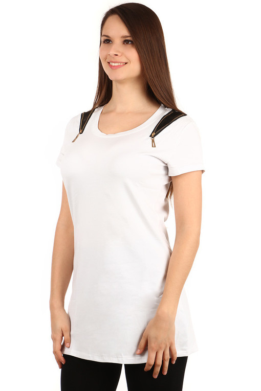 Bavlnené dámske predĺžené tričko so zipsami a s krátkym rukávom
