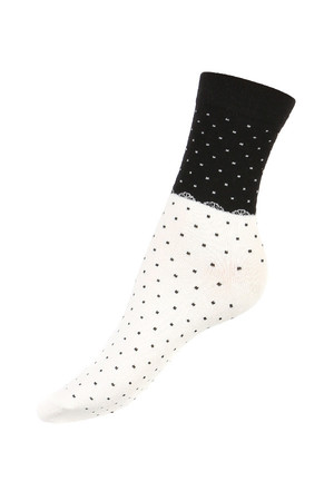 Dámske dvojfarebné ponožky s bodkami. Materiál: 90% bavlna, 5% polyamid, 5% elastan