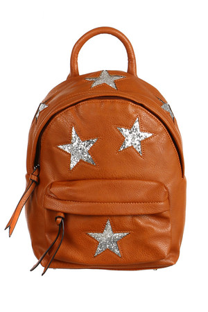 Originálny dámsky koženkový batoh zdobený hviezdami z flitrov. Hlavné vrecko je na zips. Vo vnútri je umiestnené