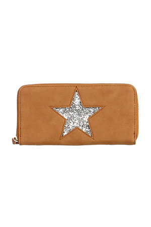 Štýlová dámska peňaženka s trblietavou hviezdou. Zapínanie na zips. Vo vnútri niekoľko priehradiek na karty,