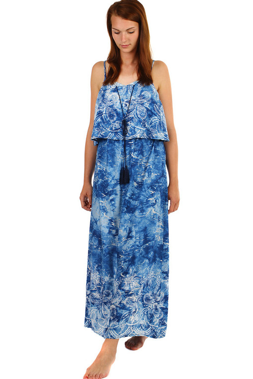 Modré batikované maxi šaty s potlačou