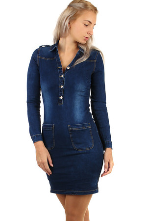 Tmavo modré dámske džínsové šaty s výraznými vreckami a dlhým rukávom. Materiál: 98% bavlna, 2% elastan