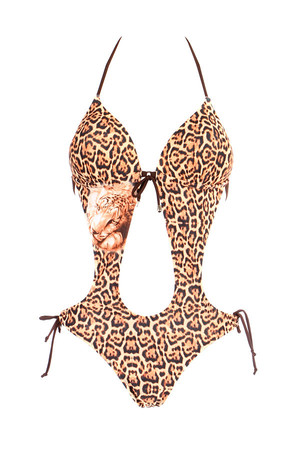 Dámske jednodielne plavky monokiny s leopardím vzorom. Zaväzovanie za krkom a na chrbte. Košíky sú vystužené a