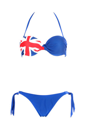 Dámske dvojdielne plavky - modré s britskou vlajkou. Zaväzovanie za krkom a na chrbte. Košíčky majú kostice a
