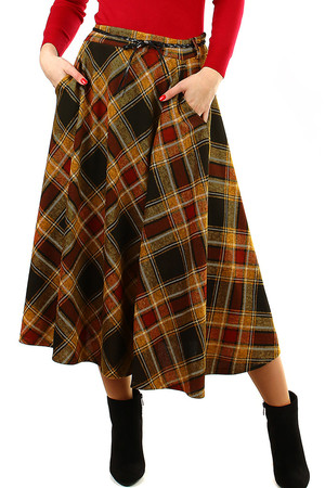 Teplá elegantná dámska sukňa príjemný úplet dlhý rozšírený strih s vreckami károvaný nestarnúci vzor farebná