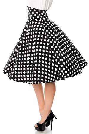 Retro dámska sukňa kruhová sukňa čierna s bielymi bodkami vysoký pás s ozdobnými gombíkmi zapínanie na zips v