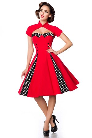 Dámske šaty v retro štýlu s bolerkom bez rukávu srdcový dekolt s bodkovaným golierikom ozdobné čierne gombíky na