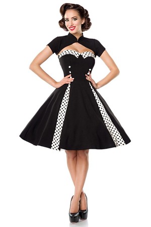 Dámske šaty v retro štýlu s bolerkom bez rukávu srdcový dekolt s bodkovaným golierikom ozdobné čierne gombíky na