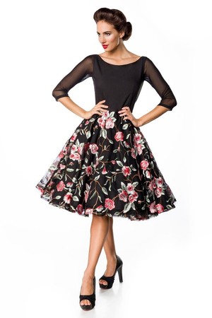 Čierne luxusné šaty s tylovou vyšívanou sukňou okrúhly výstrih 3/4 sieťovaný rukáv vrstvená kolesová sukňa
