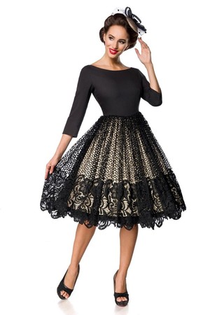 Spoločenské čipkové dámske šaty luxusný vzhl'ad retro štýl lodičkový dekolt 3/4 rukáv kolesová bohatá sukňa v