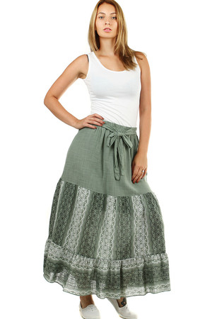 Dámska vzorovaná maxi sukňa pružný pás s gumou a látkovým opaskom na zaväzovanie áčkový rozširujúci sa strih