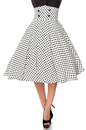 Retro dámska sukňa kruhová sukňa čierna s bielymi bodkami vysoký pás s ozdobnými gombíkmi zapínanie na zips v