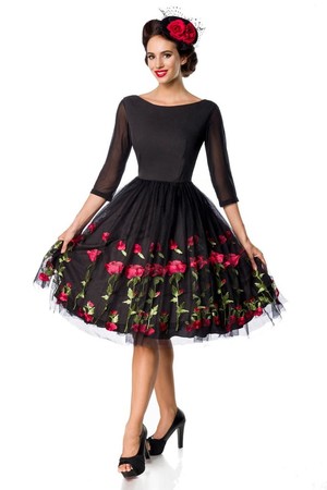 Vintage dámske čierne luxusné šaty s výšivkou ruží lodičkový výstrih 3/4 sieťovaný rukáv vrstvená bohatá