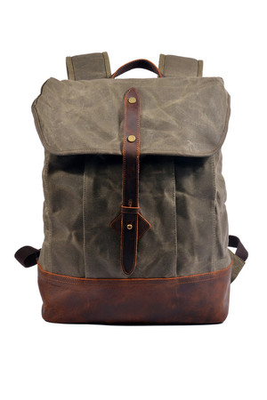 Vel'ký vodotesný plátený batoh s koženými detailmi retro design hlavný oddiel na stiahnutie šnúrou, s chlopňou a