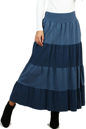Dámska volánová casual sukňa pre chladnejšie dny áčkový pohodlný strih maxi dĺžka širší pás z jemne