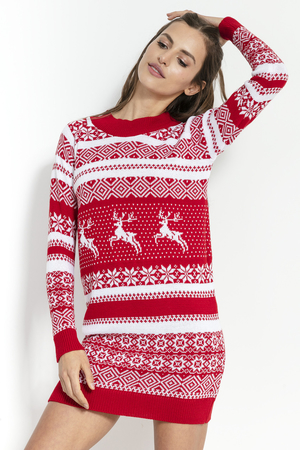 Dámsky hrejivý sveter - šaty so zimným motívom okrúhly výstrih s pružným lemom manžety okolo rukávov a spodného