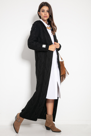 Dámsky pletený kabát s vlnou kardigan jednofarebné prevedenie v extra dĺžke na zem dlhé rukávy kapucňa vrkočový