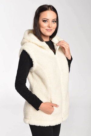Dámska hrejivá baránková vesta zo 100% ovčej vlny s kapucňou dve praktické vrecká umelohmotný zips vnútorná strana