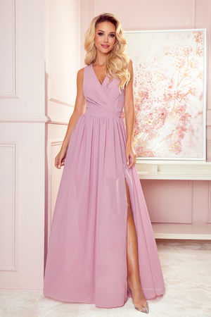 Dlhé elegantné šaty jednofarebné maxi dĺžka šifónová sukňa s rozparkom spodnička do polovice stehien prekríženie