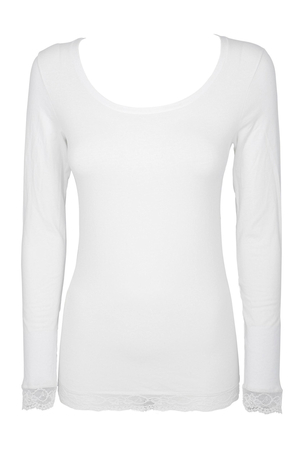 Dámske bavlnené tričko s dlhým rukávom a ozdbnou čipkou vyrobené z elastického bavlneného úpletu predná aj zadná