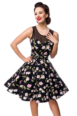 Dámske šaty s kvety v mladistvom pin-up štýle bohatá kolesová sukňa sukňa nad kolená úzky pás okrúhly výstrih