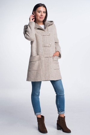 Dámsky vlnený kabát duffel coat jednofarebný prepínacie zapínanie podlhovastými gombíkmi skrytý zips pod légou