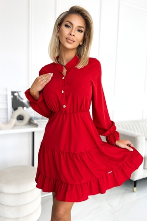 Červené šaty nad kolená jednofarebné nízky stojačik dlhé rukávy s gumičkou na zápästí prepienací horný diel