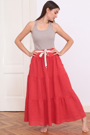Dámská dlhá volánová romantická sukňa jednofarebná široký hladký pás v páse pretiahnutá guma bočné klinové