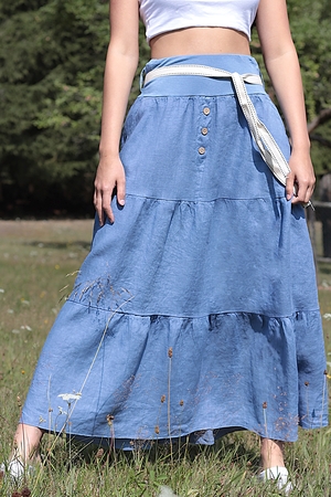 Dámská dlhá volánová romantická sukňa jednofarebná široký hladký pás v páse pretiahnutá guma bočné klinové