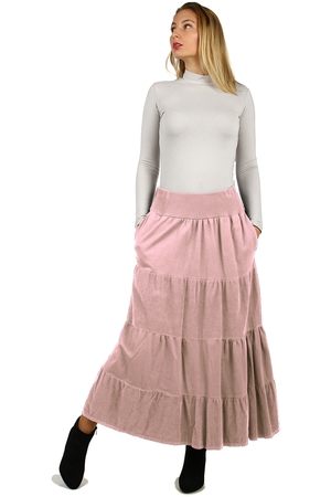 Dámska volánová casual sukňa pre chladnejšie dny áčkový pohodlný strih maxi dĺžka širší pás z jemne
